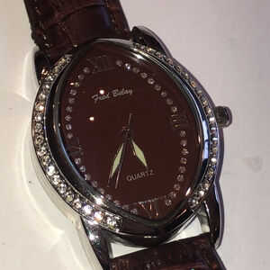 Fred Belay Burgundy Maroon CZ Rhinestone Genuine Leather Watch Wristwatch